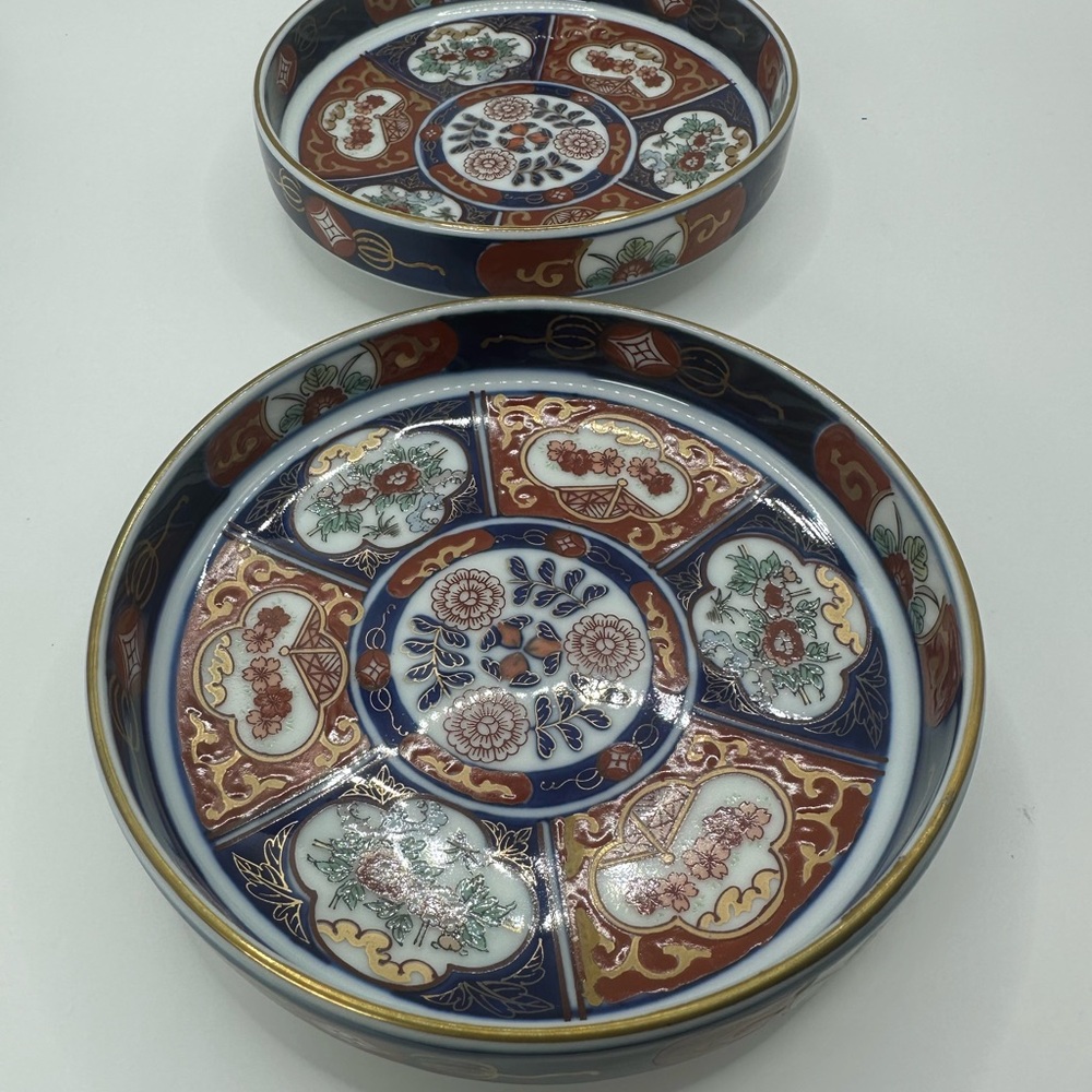 Pair of Vintage Gold Imari Japanese Hand Painted Shallow Bowls.